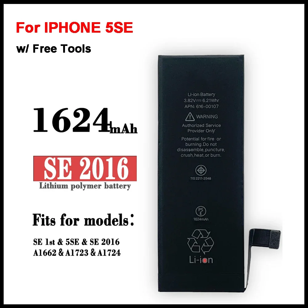 100% Новый Сменный аккумулятор для Apple IPHONE SE / 5SE / SE 2016 большой емкости 1624 мАч Фотоэлементы батареи + Инструменты 100% Новый Сменный аккумулятор для Apple IPHONE SE / 5SE / SE 2016 большой емкости 1624 мАч Фотоэлементы батареи + Инструменты
