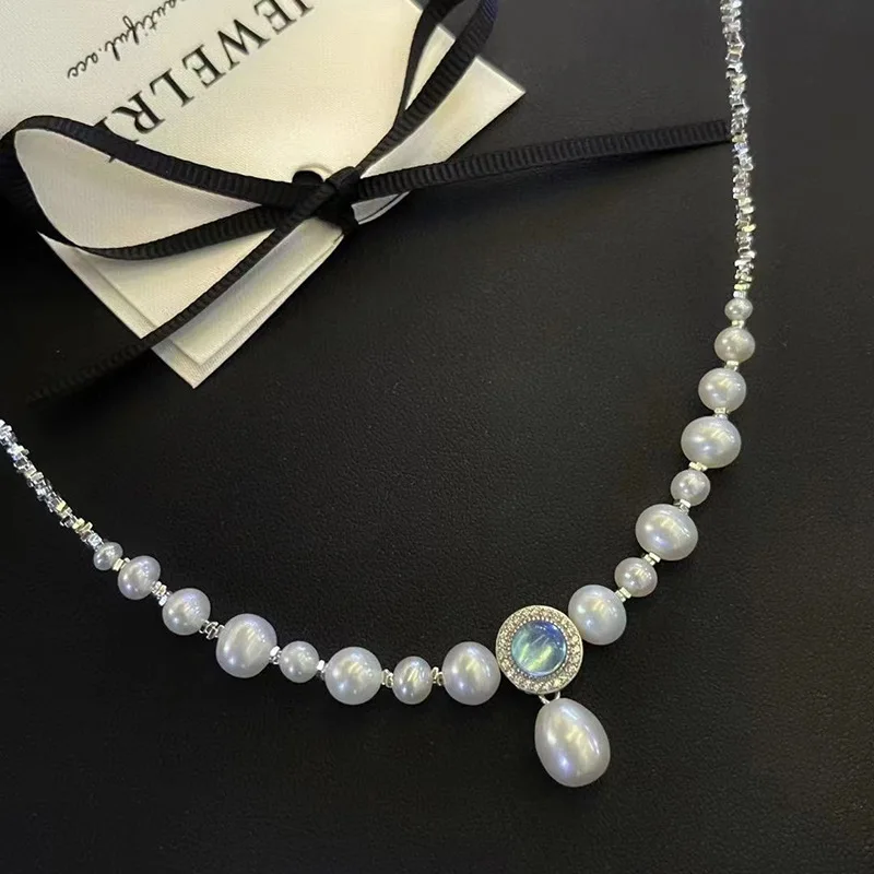 lingzhiwu женское ожерелье из натурального жемчуга + серебро 925 пробы с аквамарином и