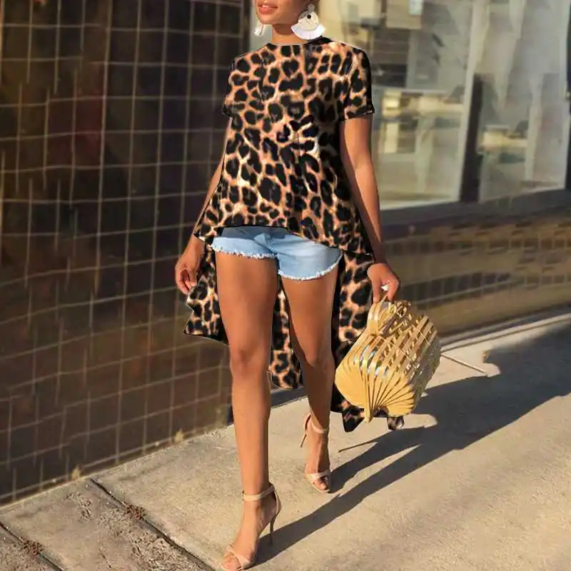 

Chemise Tops VONDA Vintage Leopard Printed Shorts Sleeve Blusa Women Asymmetric Hem Blouse Oversize Irregular Shirts 2022