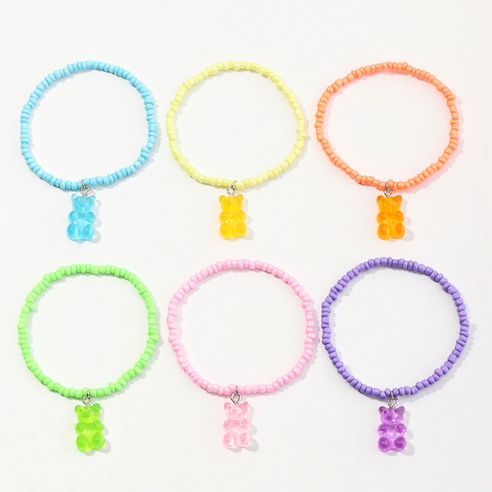 

6PCS/SET Colored Beads Adjustable Jelly Color Gummy Bear Pendant Charm Kids Girls Bracelet Sets Jewelry