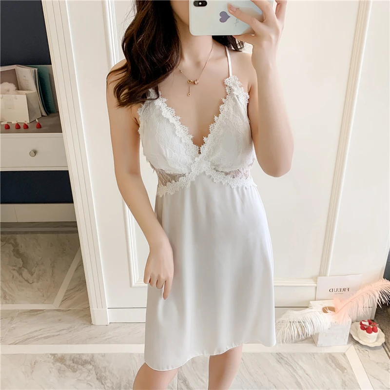 2022 suspenders sexy two-piece set sleeping skirt with breast pad ladies embroidered summer silk satin nightgown thin style paja
