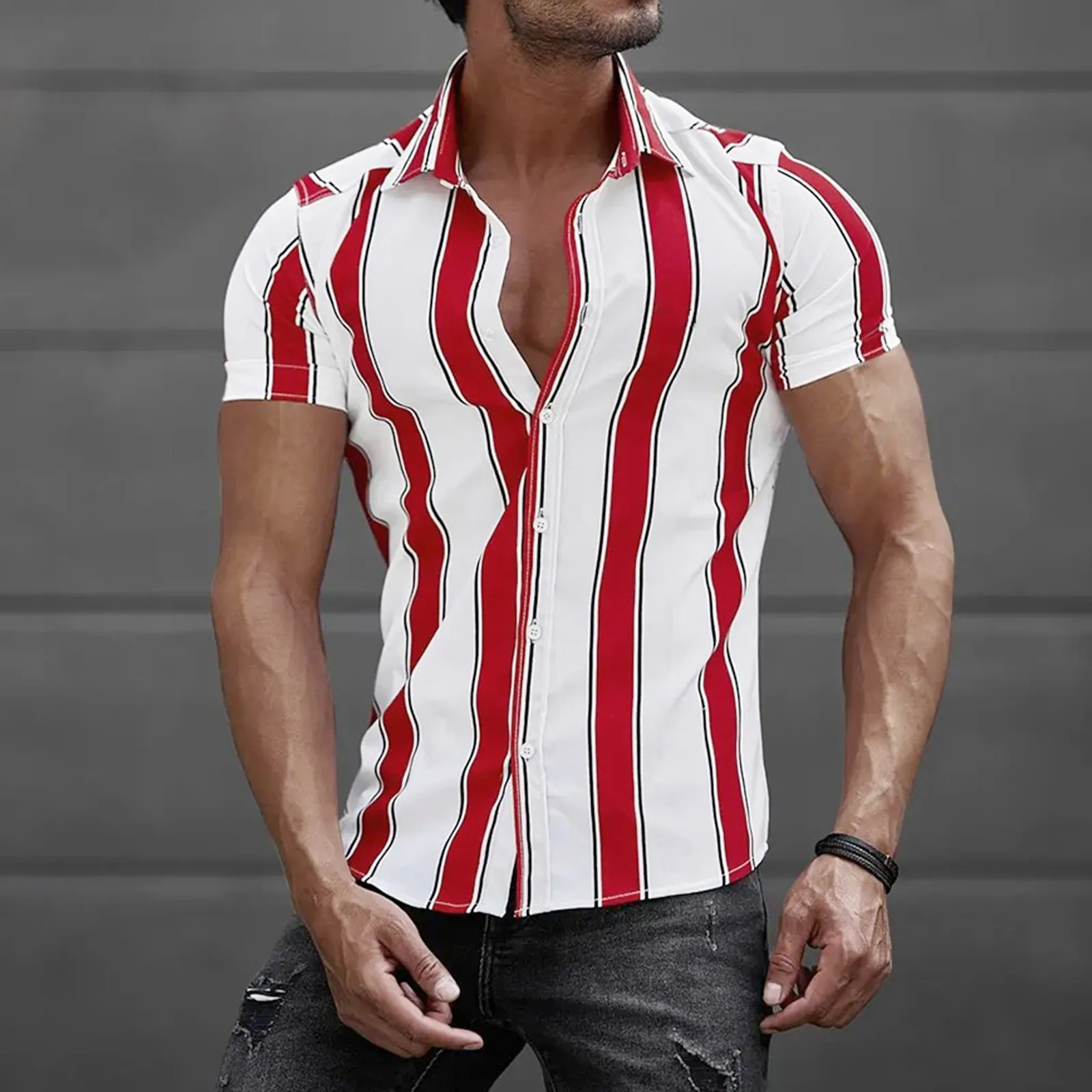 

Archaic Shirts Men Men Short Sleeve Spring Summer Casual Striped Printed Shirts Fashion Top Blouse Shirts Men Mock Neck Top