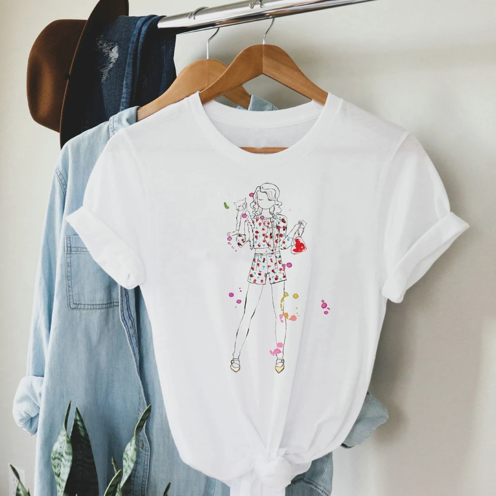 

Fashion Flower Print Ladies Tshirt Ladies Casual Basis O-Collar White Shirt Short Sleeve Women T-shirt Fashion Streetwear Women