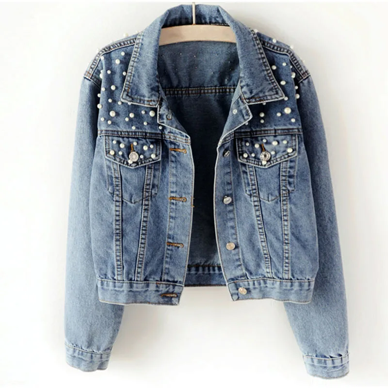 

2021 new denim jacket large size women's beaded diamond jacket light blue loose jacket loose
