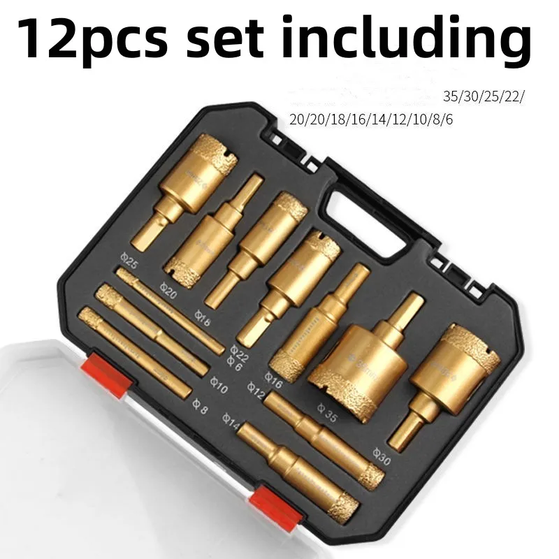 

12 шт. 6-35 мм набор алмазных сверл для пайки, коробка, угловая шлифовальная машина, открывалка для отверстий, стекло, мрамор, гранит, керамическая пила, комплект для развертывания камня