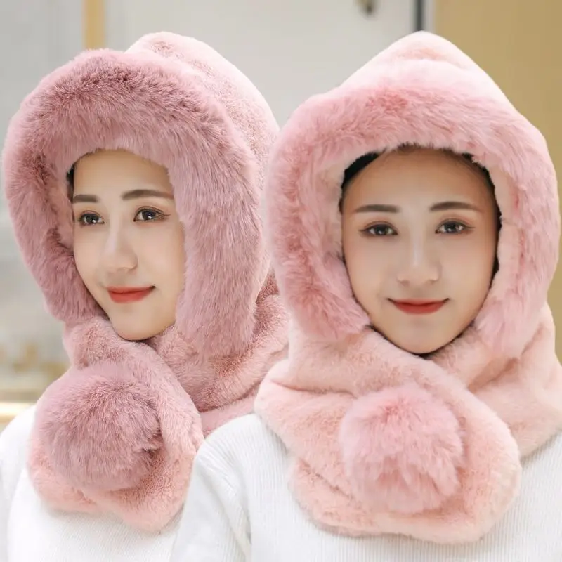 

2022 Hot Sale Female Winter Knitted Hats Add Fur Lined Warm Winter Hats For Women Keep Neck Ear Warmer Pompoms Cap