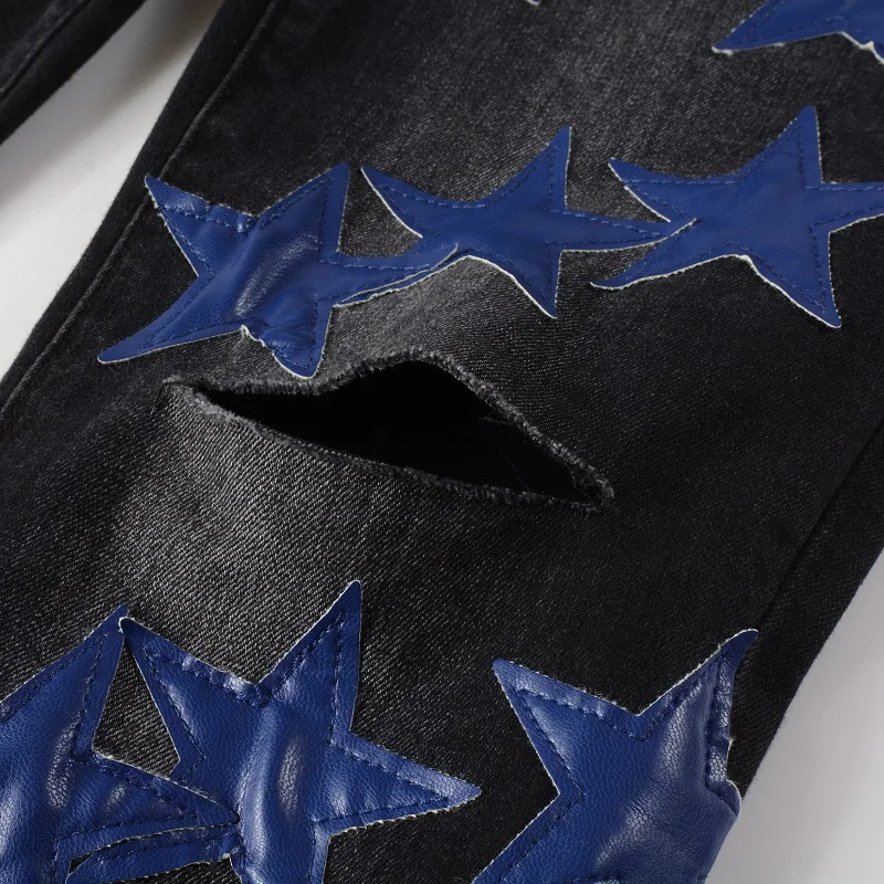Men's Black Distressed Streetwear Blue Leather Stars Patches Slim Stretch Skinny High Street Fashion Style Ripped Jeans