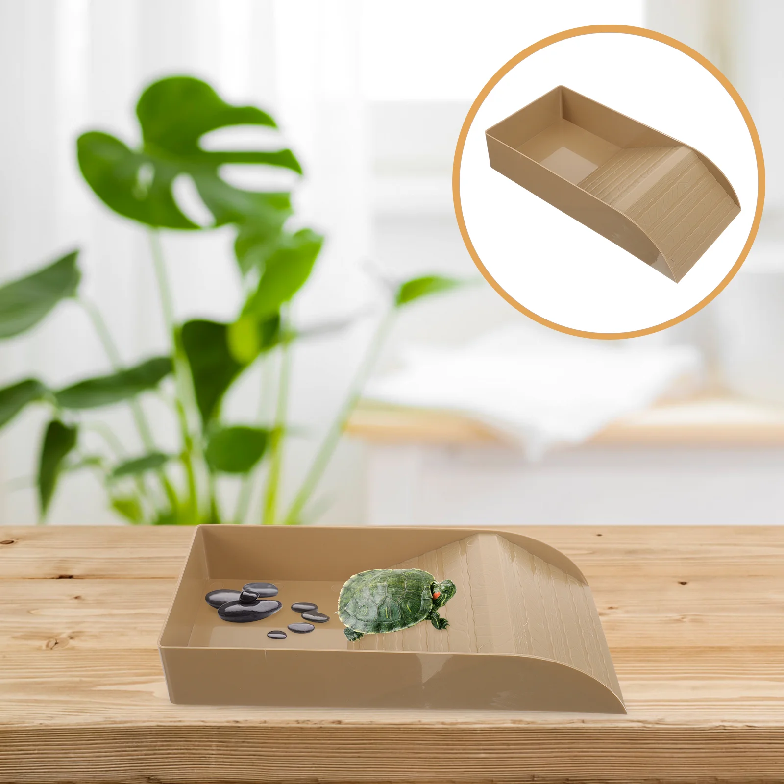 

Reptile Feeding Dish with Ramp Turtle Basking Platform Multi-functional Plastic Turtle Food Water Bowl