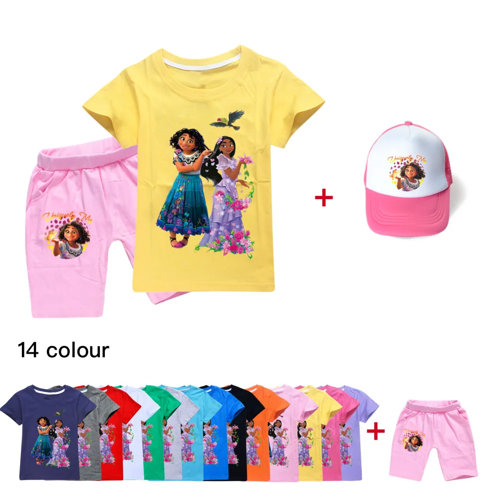 

2022 Disney Summer Cartoon Printing Cotton Boys and Girls Clothes T+Short Sleeves+Peak Cap 2-16Y