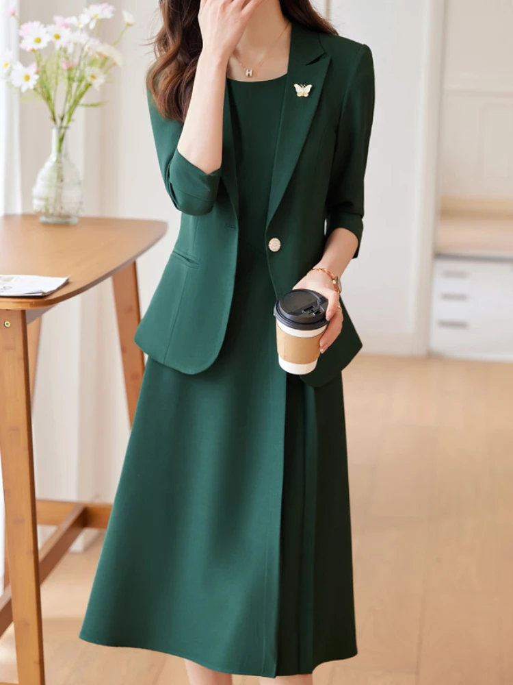 

Spring Women Solid Fashion Dress Set Spaghetti Strap Elegant Slim Casual Vestidos+Blaser Jackets 2 Pieces Female Outfits Clothes