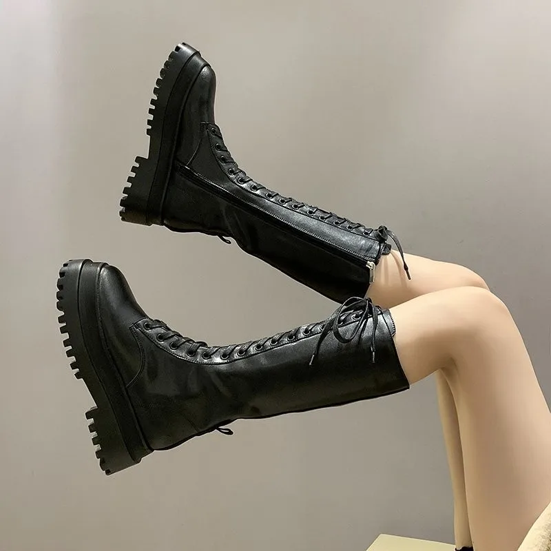 Sexy High Platform Boots Women Mid-calf Boots Thick Bottom Motorcycle Boots Female Punk Shoes Autumn Winter Shoes Botas De Mujer