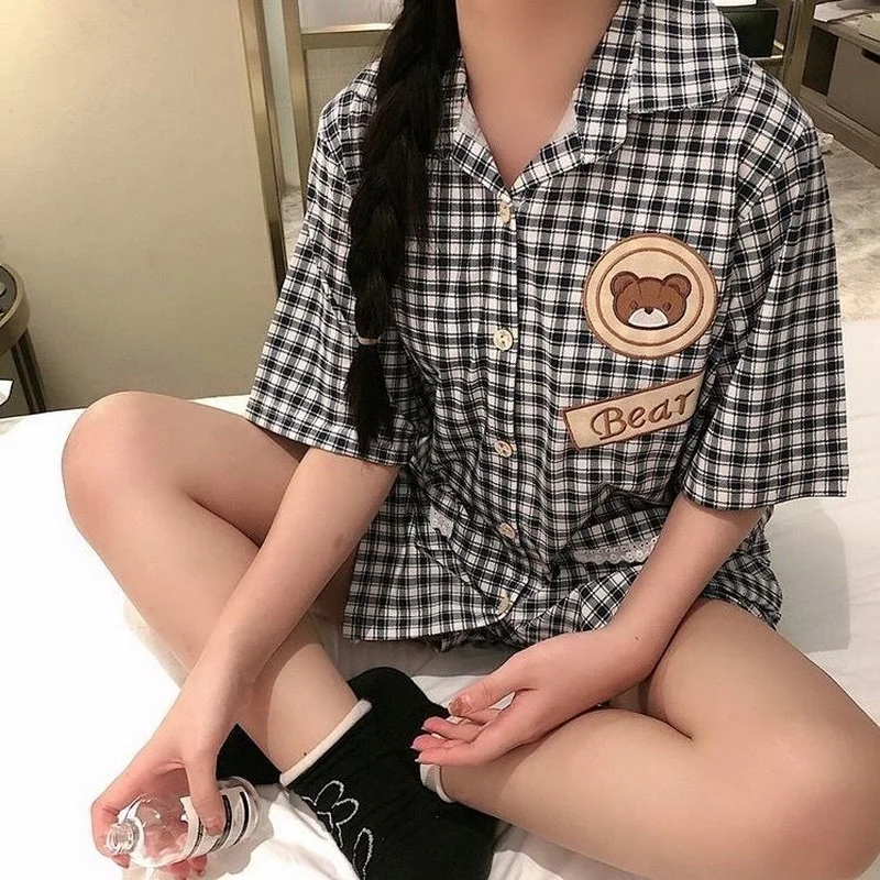 Japanese Pajamas for Women Summer College Style Pyjamas Cute Cartoon Bear Plaid Lapel Pijamas Plus Size 2 Piece Sets Home Suit