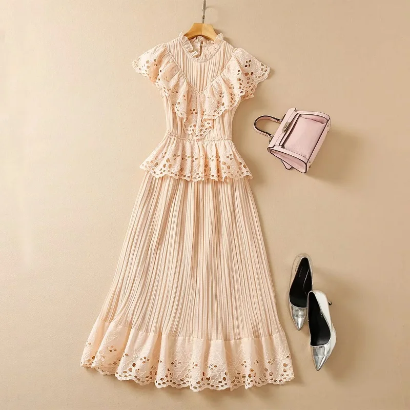 

Newest Fashion Summer Dress 2022 High Quality Women Ruffle Floral Deco Short Sleeve Mid-Calf Length Pleated Dress Elegants Party