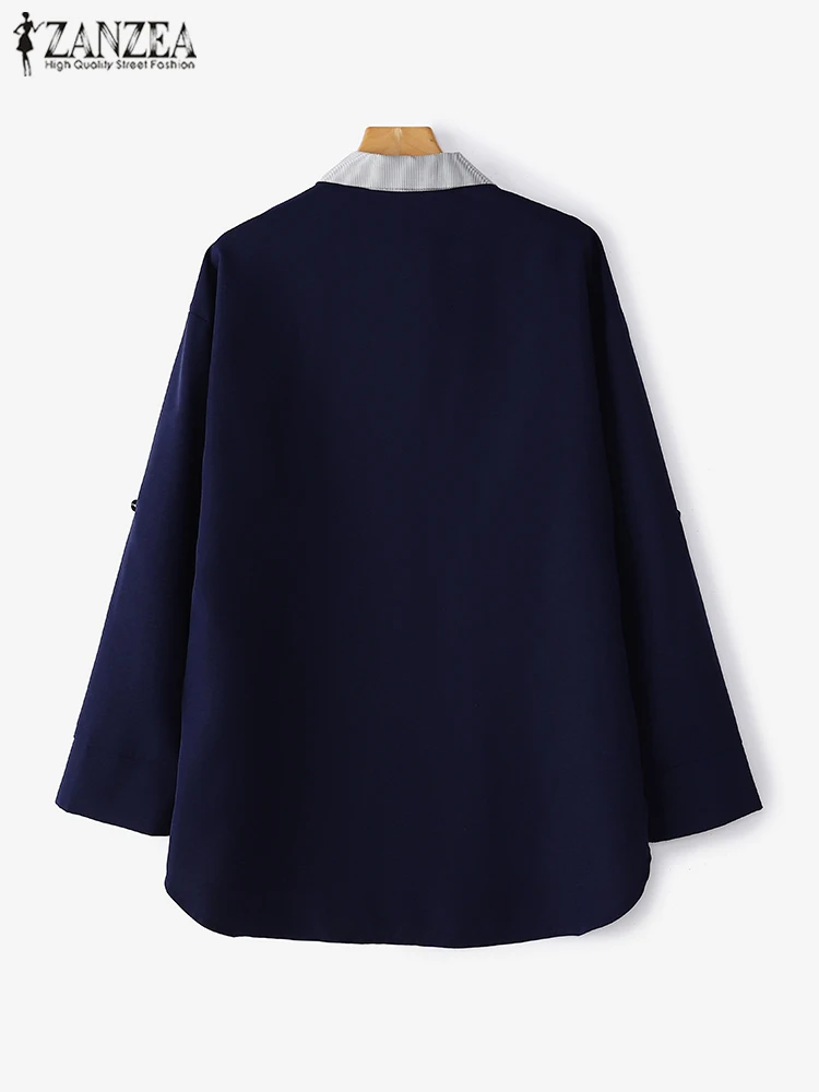 ZANZEA 2024 топы с цветными блоками осенние женские рубашки повседневная свободная
