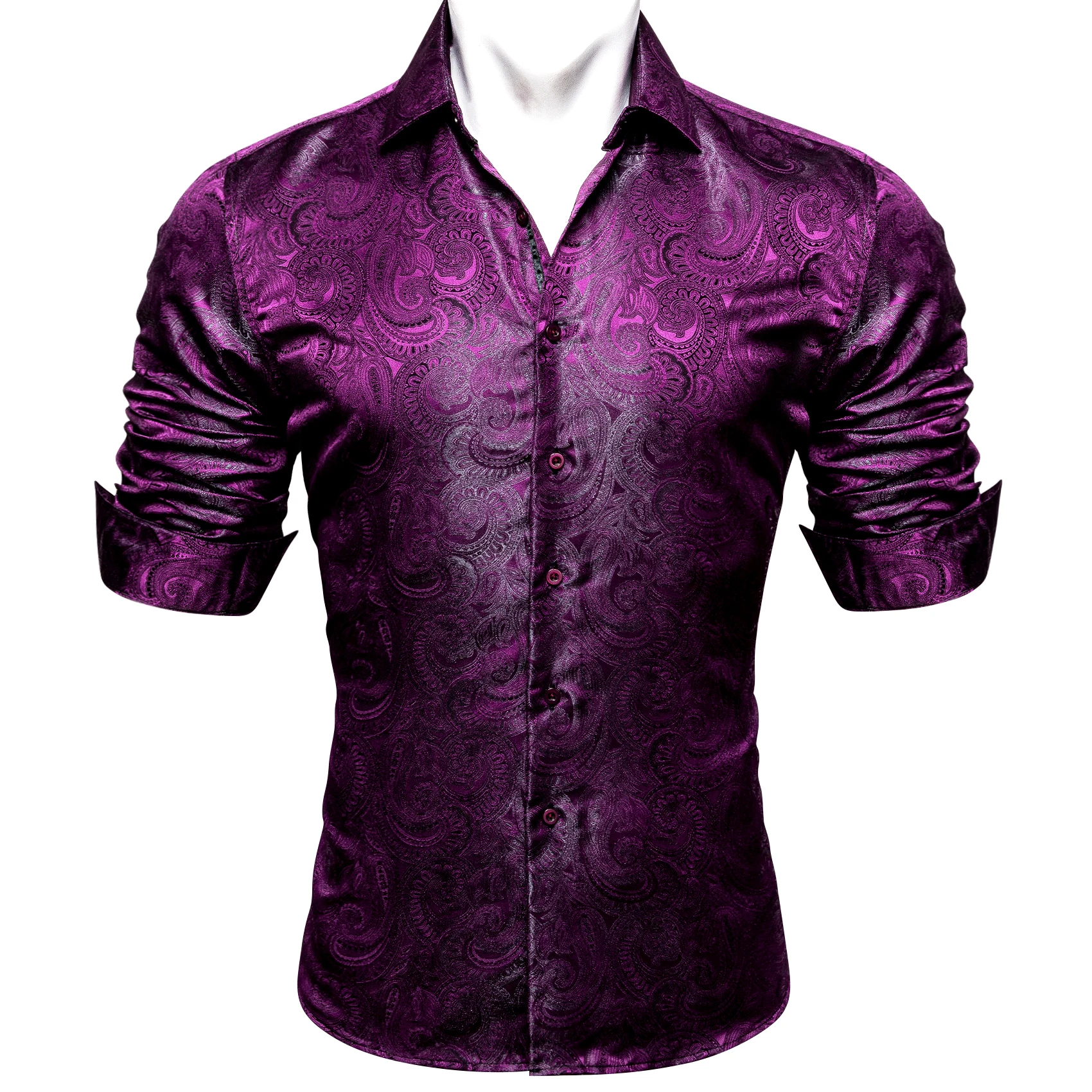 New Purple Men Silk Shirt Spring Autumn Long Sleeve Floral Lapel Shirt Casual Fit Set Party Wedding Business Male Barry.Wang