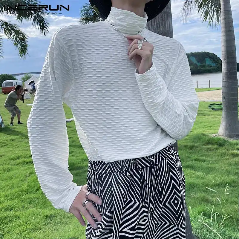 

Fashion Casual New Men Camiseta Streetwear Style Check Male High-neck Long-sleeved Solid Color T-shirts S-5XL INCERUN Tops 2023