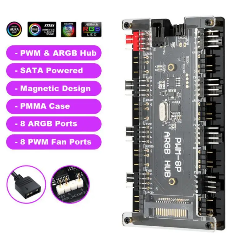 

RYRA 5V 3 Pin ARGB Fan 4-pin ARGB 4-pin PWM 10 Hub Splitter SATA Power Extension Cable Adapter Control Hub PC RGB Fan Cooler