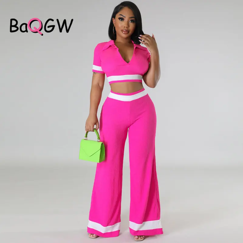 

BaQGW Hot Pink Women's Set Summer Short Sleeve Crop Top Wide Leg Pants Sets Sweatsuit Streetwear Two Piece Set Outfit Tracksuit