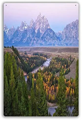 

Metal Sign There Were Mountains Distance Land Was Green Trees There Was Small River Leading To Mountains Modern