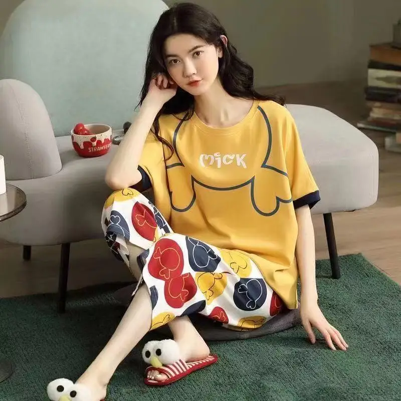 Pajamas Women Summer Cotton Explosive Fashion Simple Casual Home Wear Two-piece  with Round Neck Breathable and Soft Nightwear