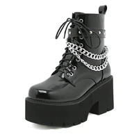 chain metal decorated lace up short boots 8cm thick bottom handsome punk mature nightclub women boots sexy waterproof platform
