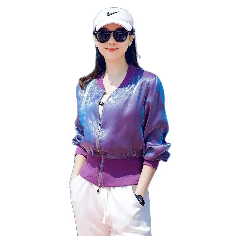 

Lce Silk Sun Protection Jacket Womens Summer Thin 2023 Fashion Waist Knit Stitching Baseball Uniform Sun Protection Casual Top
