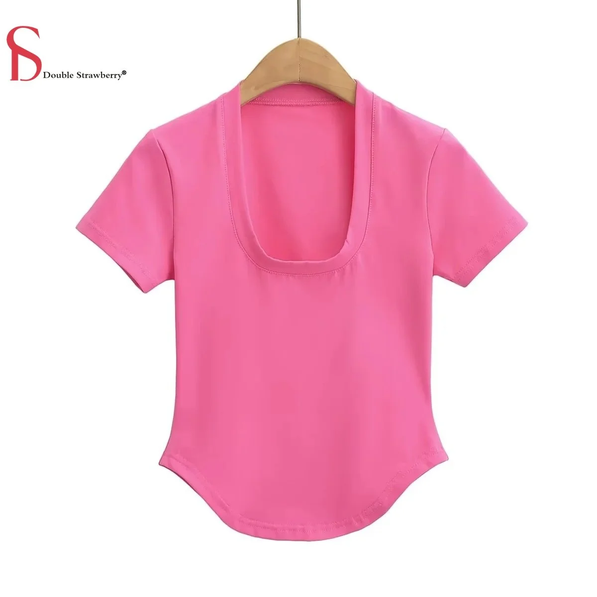 

Новая летняя однотонная женская эластичная облегающая футболка с U-образным вырезом и коротким рукавом