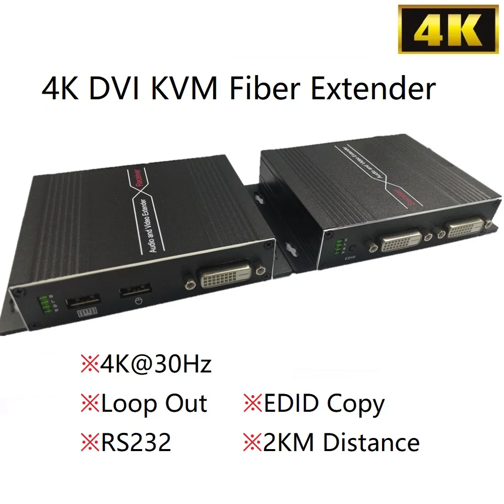 

4K DVI KVM Fiber Optical Extender DVI-D Transmitter Receiver Keyboard Mouse LC Port 2KM RS232 3D ESD DVI Extender Loop Out
