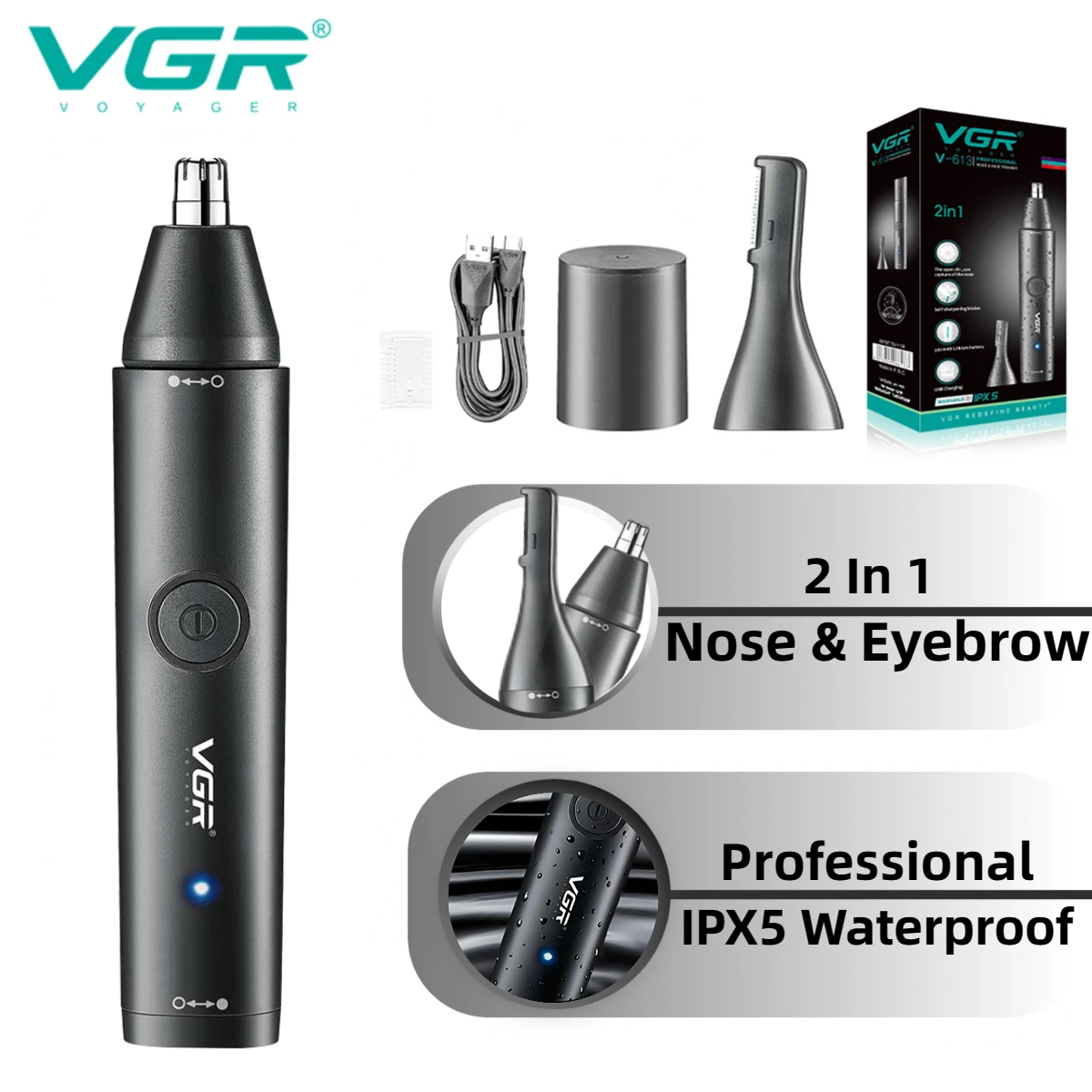 

VGR Ear Trimmer Portable Mens Nose Trimmer IPX5 Waterproof Nose Cutting Machine Professional Rechargeable Trimmer for Man V-613