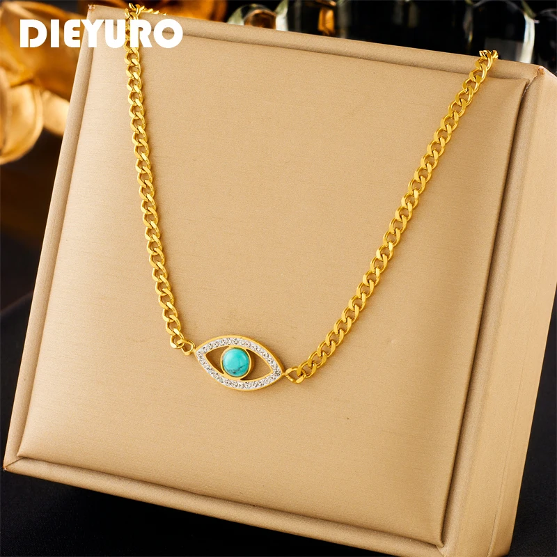 

DIEYURO 316L Stainless Steel Eye Green Stone Pendant Necklace For Women Girl New Trend Clavicle Chain Jewelry Gift Party Collier