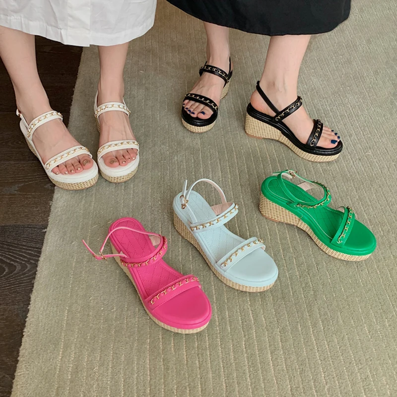 

White Platforms Wedges Shoes For Women Gold Chain Wedge High Heels Summer Ladies Office Shoes Designer Black Zapatilla De Mujer