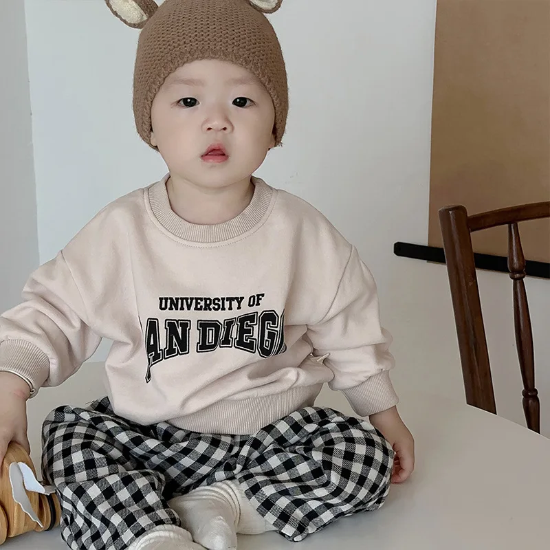 

New Autumn Children Letter Sweatshirt Girl Infant Casual Tops Boy Baby Ribbed Solid Leggings Kid Plaid Cotton Pants Toddler Tees