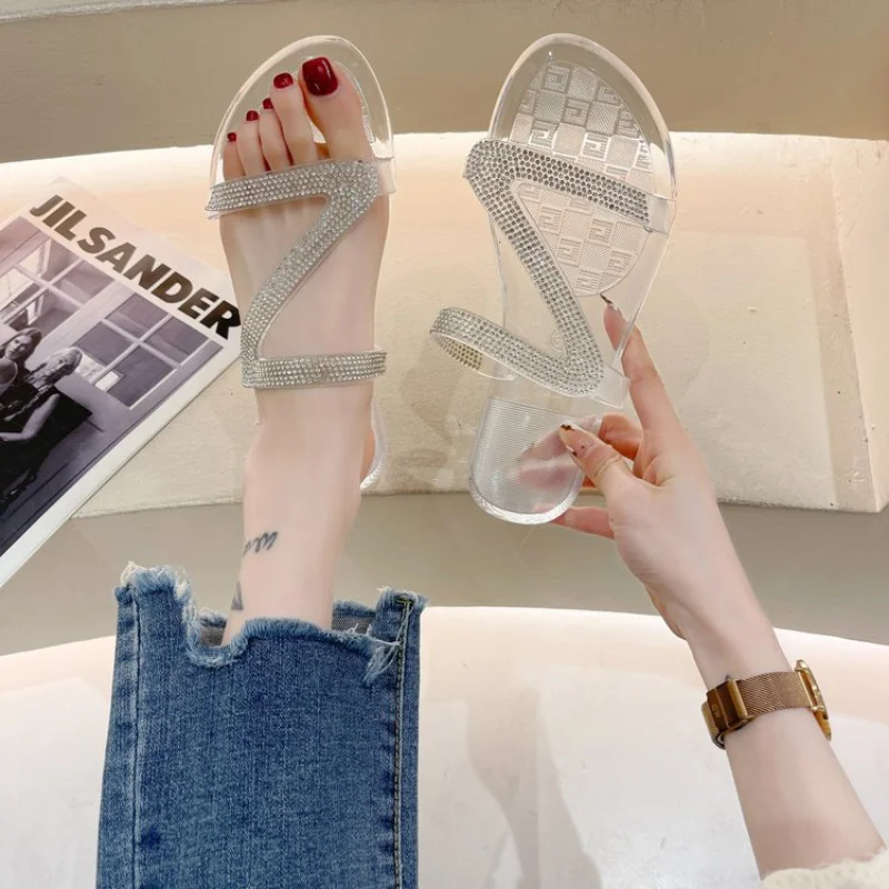 Women Rhinestone Decor Flat Sandals Summer Outdoor Glamorous Transparent Slippers Fashion Office Slides Beach elasticity Shoes