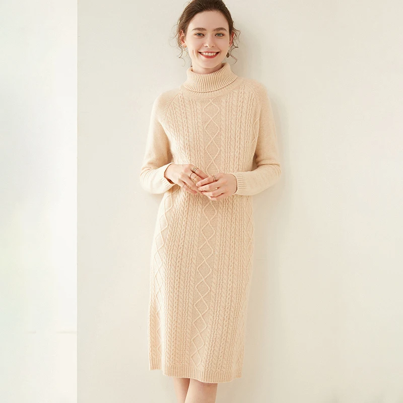 Autumn And Winter New Women's 100% Wool Knitted Dress High Neck Jacquard Inserted Shoulder Sleeves In The Long Paragraph Skirt