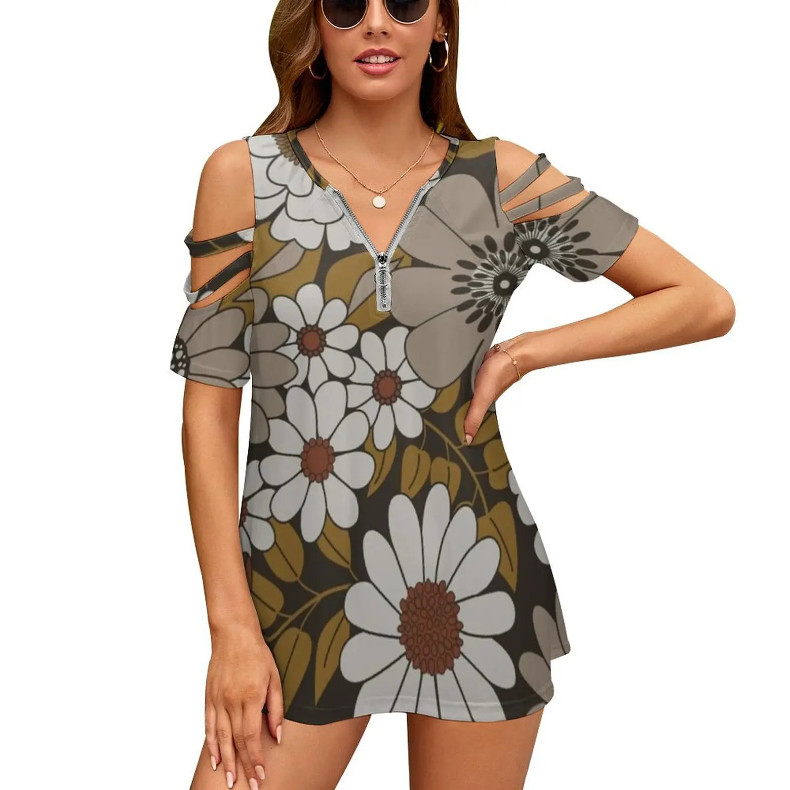 

Brown , Orange , And Ivory Retro Flower Pattern Women Zipper Sexy Printed Vintage T Shirts Tops Full Print T-Shirt Orange Brown