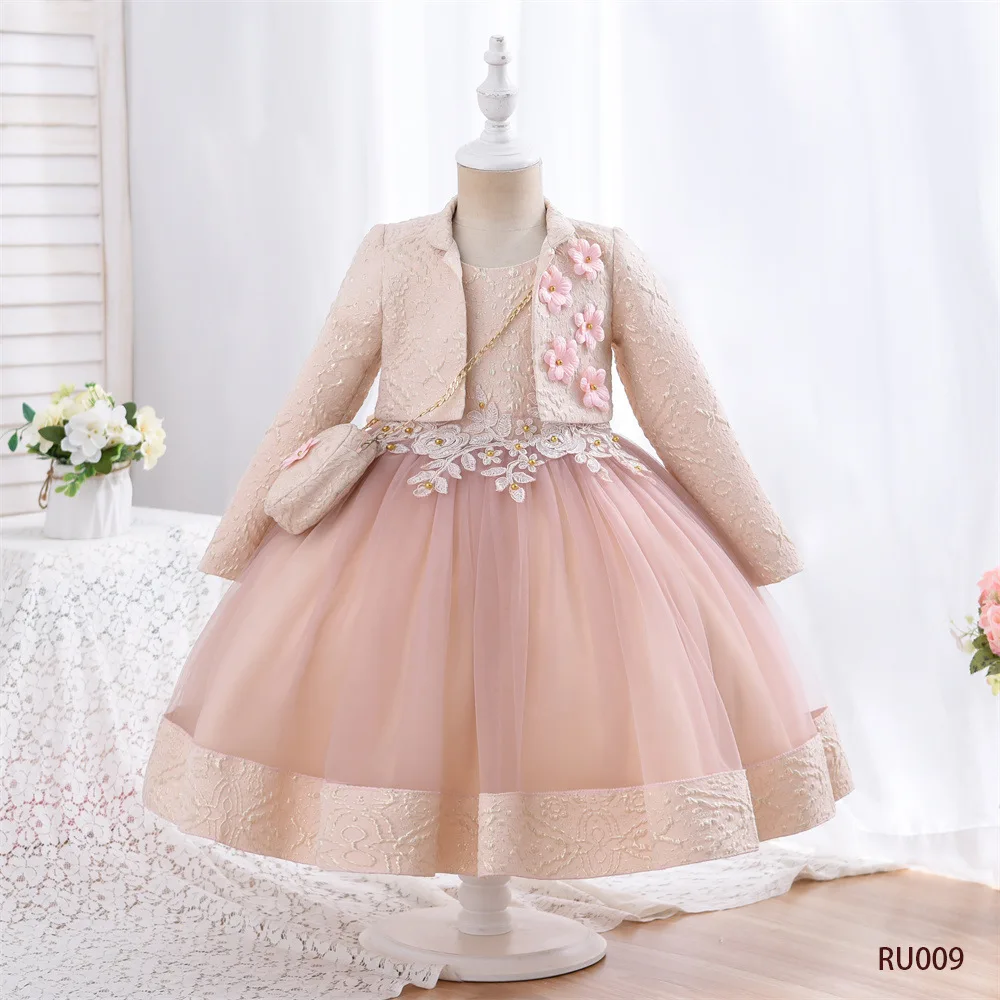 

Girls Party Dresses Flower Wedding Kids Girl Ball Gown Dress + Coat + Bag Princess Children Formal Pageant Vestido Evening Dress
