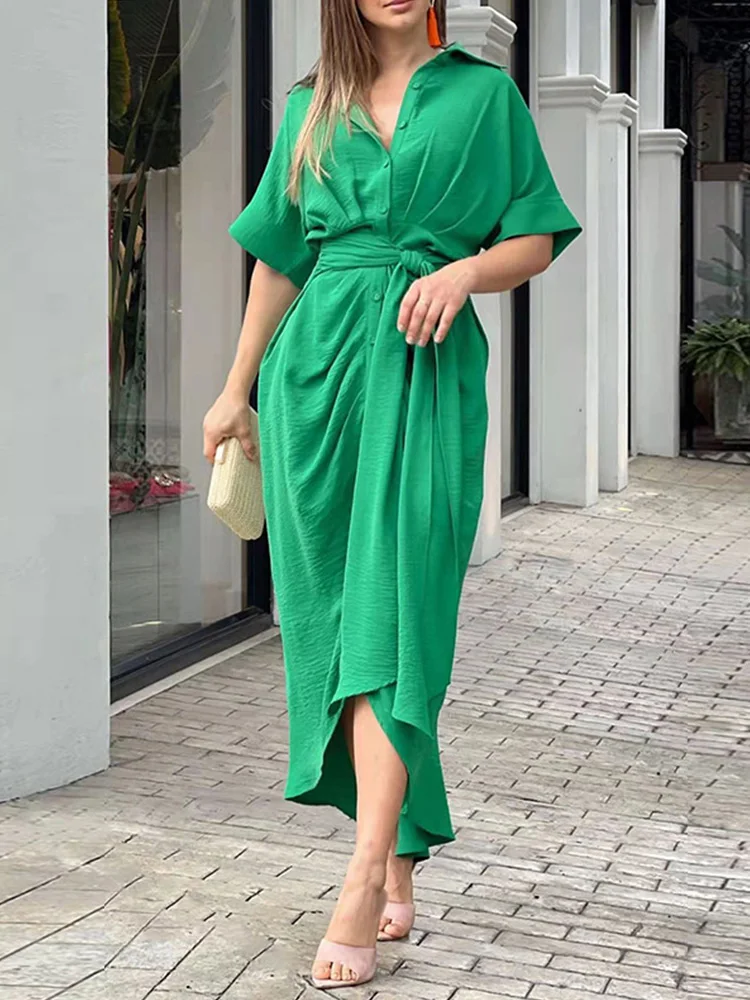 

Solid Short Sleeve Knot Design Buttoned Maxi Shirt Dress Women Elegant Casual Work Dress