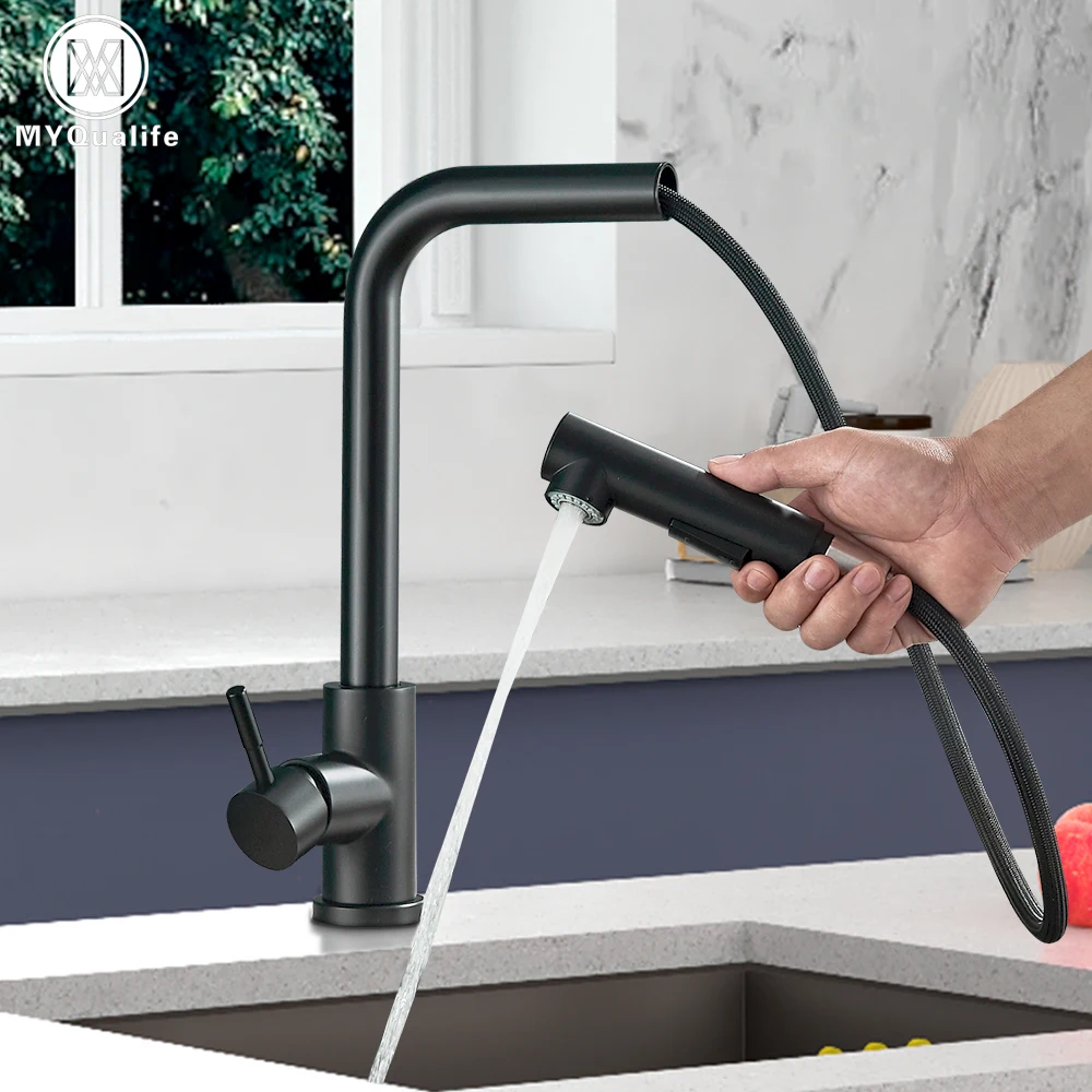 

Free Shipping Black Pull Out Kitchen Sink Faucet Two Model Stream Sprayer Nozzle Stainless Steel Hot Cold Wate Mixer Tap Deck