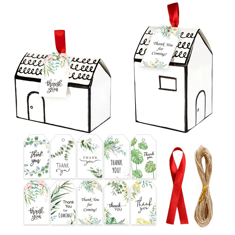 

20 Sets Kraft Paper Candy Gift Boxes Wedding Souvenir with Thank You Happy Birthday Tag String Ribbon House Shaped Party Favors