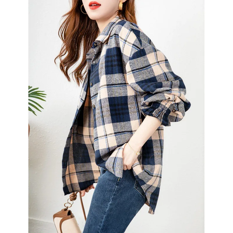 Женская блузка рубашки с длинными рукавами осенняя клетчатая сезонная новая