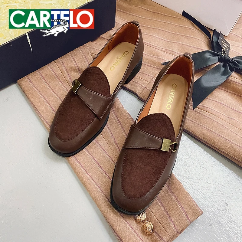 CARTELO Fashion Metal Hook Shoes Women Flats Suede Casual Loafers 2023 Spring New Designer Women Pointed Toe Shallow Boat Shoes