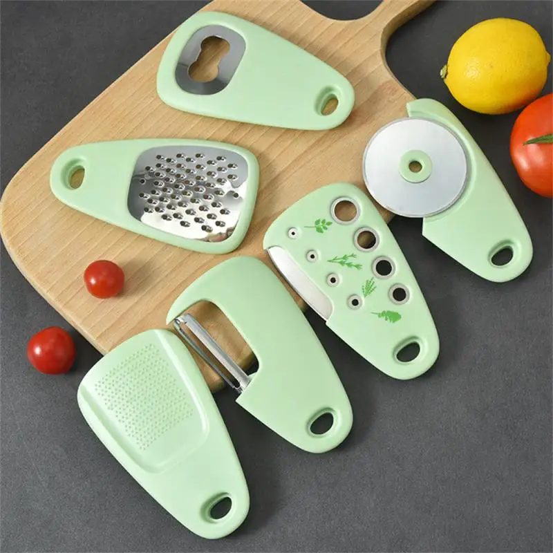 

Creative 6-piece Set Kitchen Gadgets Portable Pizza Cutter Bottle Opener Fruit Peeling Knife Vegetables Grater Garlic Grinder