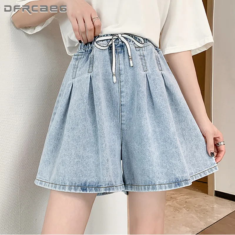 

Elastic High Waist Wide Leg Denim Shorts Women 2022 Summer Loose Streetwear Ladies Big Size Jeans Short Trousers Female