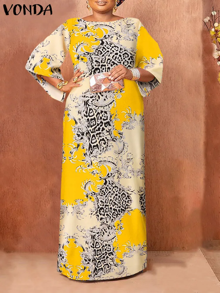 

2023 Fashion Women Summer Dress 3/4 Sleeve Pleated Party Maxi Dresses Vintage Printed Party Vestido Beach Sundress Robe Femme