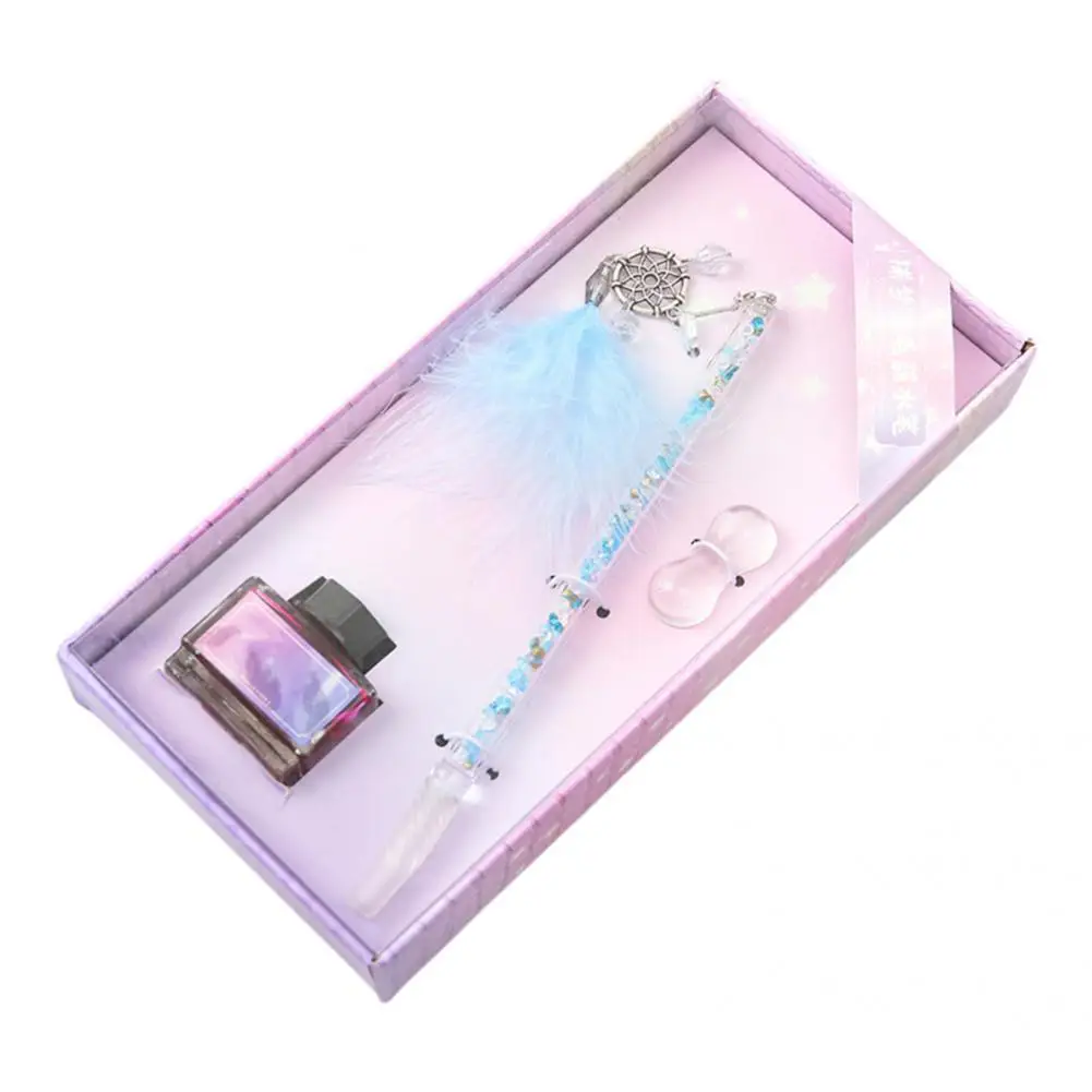 

Glass 1Set Fashionable Crystal Dip Ink Pen Easy to Clean Signature Pen Feather Pendant Design for Drawing