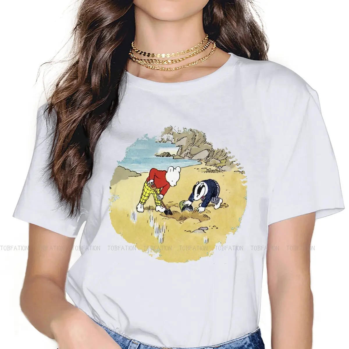 

On Beach Fashion TShirts Rupert Bear Girl Fabric 5XL T Shirt Round Neck Big Size
