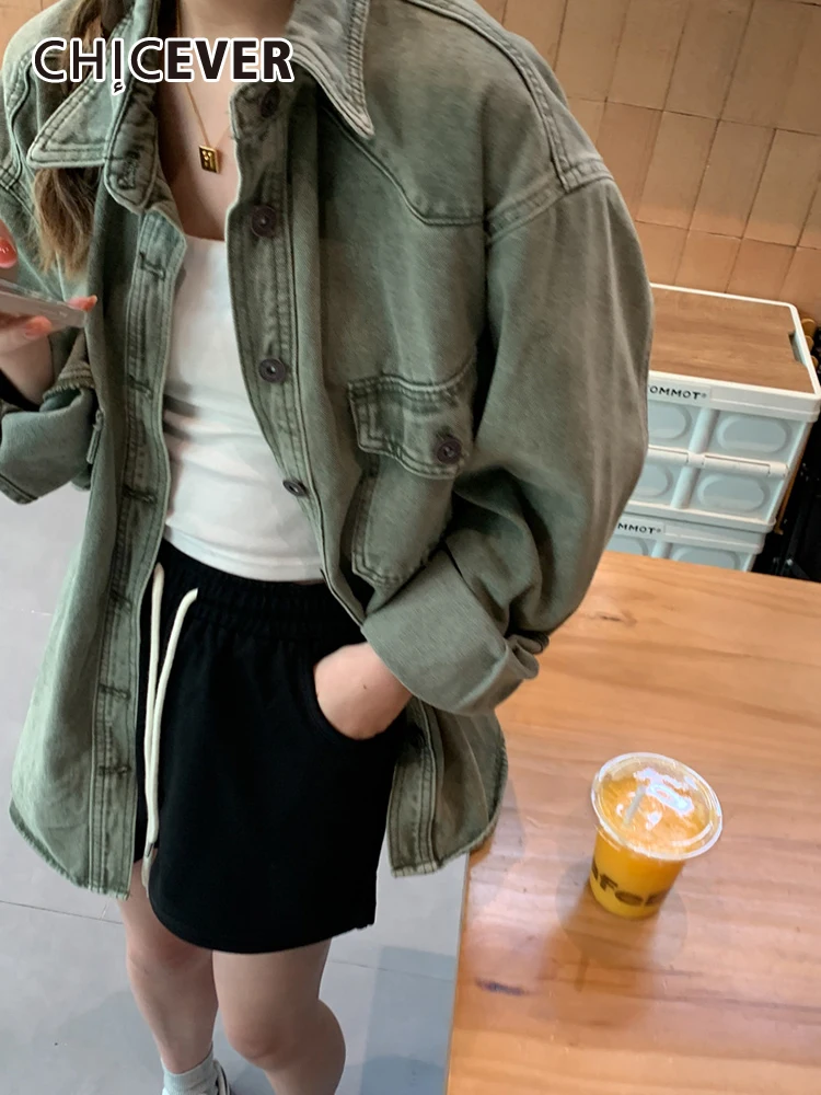 

CHICEVER Solid Vintage Denim Shirts For Women Lapel Long Sleeve Single Breasted Patchwork Pockets Loose Blouse Female Spring New