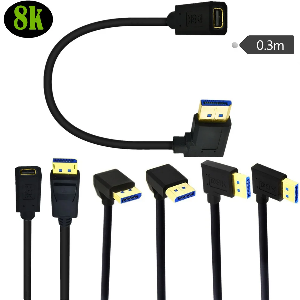 

8K Gold-Plated Mini DisplayPort Female To DP Male 90 Degree Elbow Graphics Card Connected To Monitor Cable Mini DP To Large DP