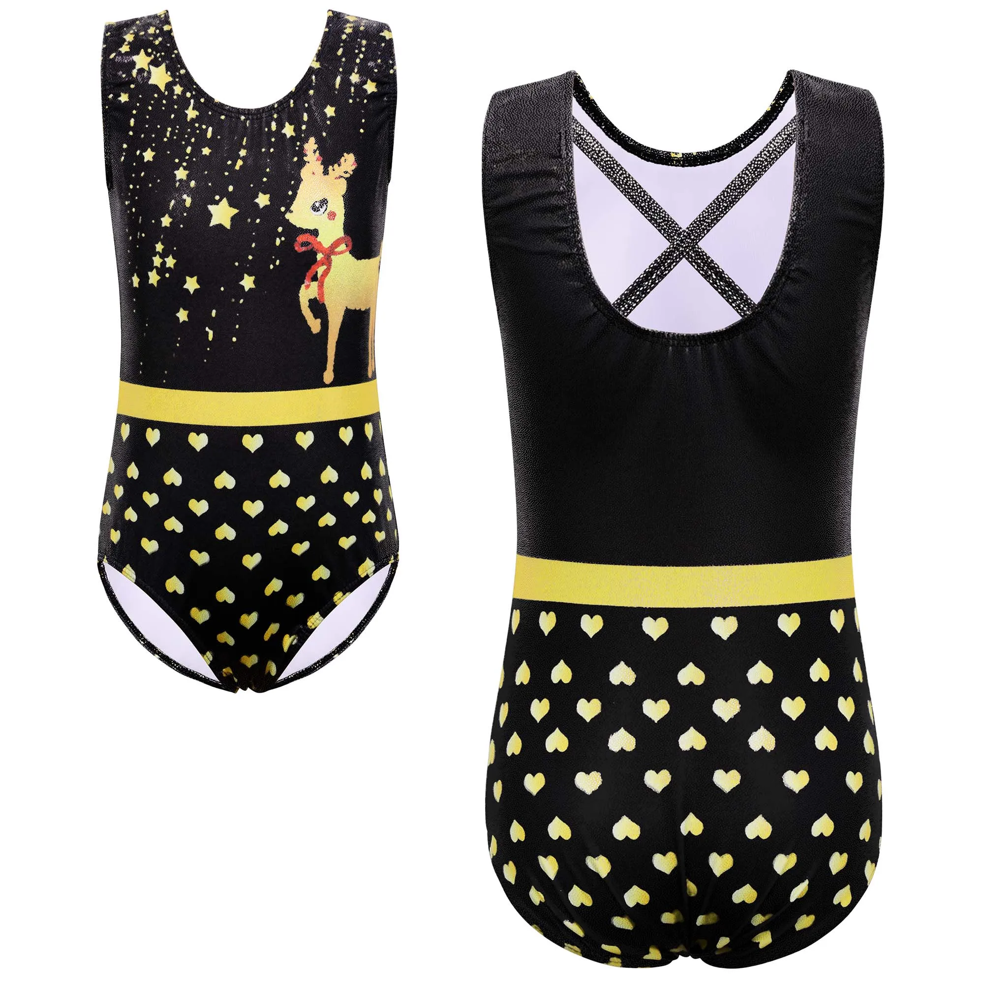 

BAOHULU Cute Print Gymnastics Leotard for Girls Christmas Performance Clothes Bodysuit Sleeveless Practice Dancewear