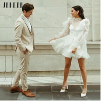 simple short wedding dress 2022 long puff sleeves high neck a line above knee mini tulle bridal gowns formal robe de mariee